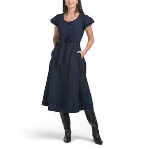 ELIE TAHARI Eclipse Puff Sleeve Scoop Neck Button Down Midi Dress With Tie Belt
